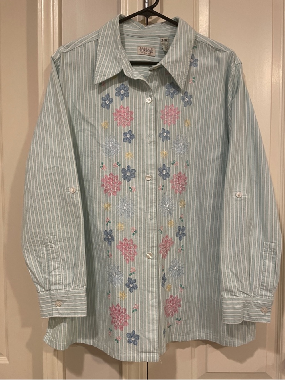 Classic Elements Mint-Striped Shirt with Floral Embroidery